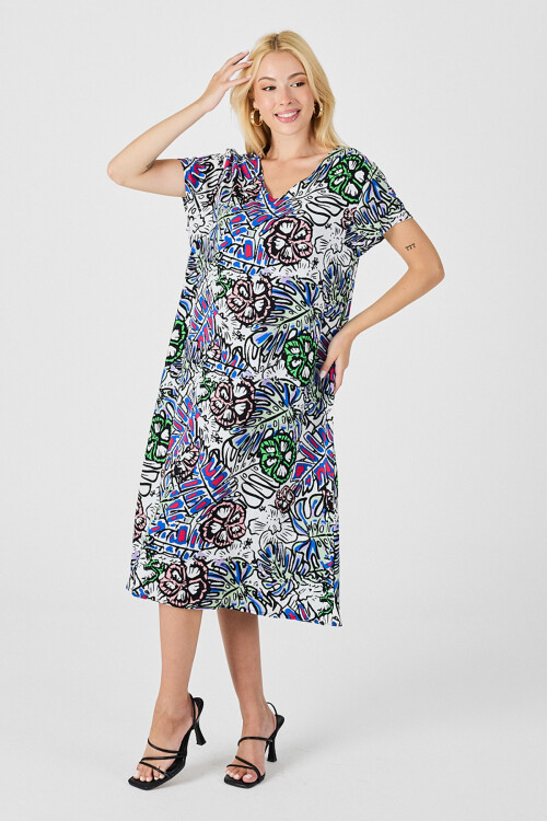 Yeşil Çiçekli V Yaka Kısa Kollu Midi Boy Desenli Elbise BCVL-254006