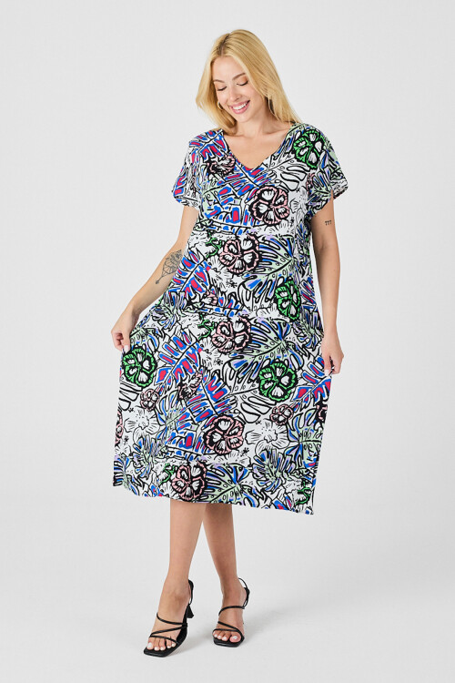 Yeşil Çiçekli V Yaka Kısa Kollu Midi Boy Desenli Elbise BCVL-254006