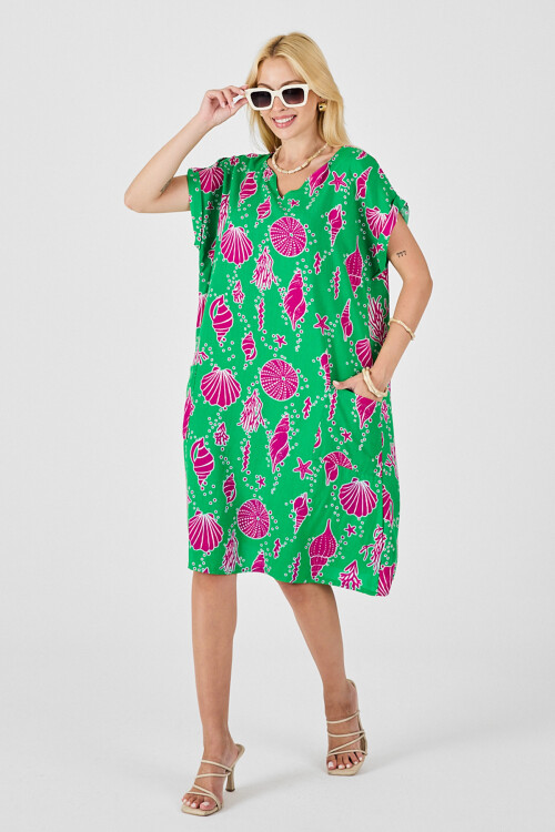 Yeşil Deniz Kabuğu Desenli V Yaka Oversize Elbise BCVL-254022