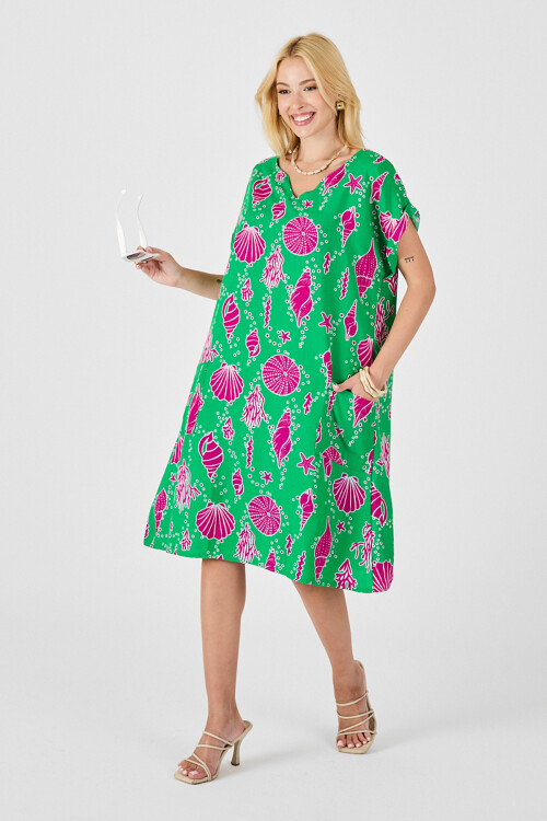 Yeşil Deniz Kabuğu Desenli V Yaka Oversize Elbise BCVL-254022