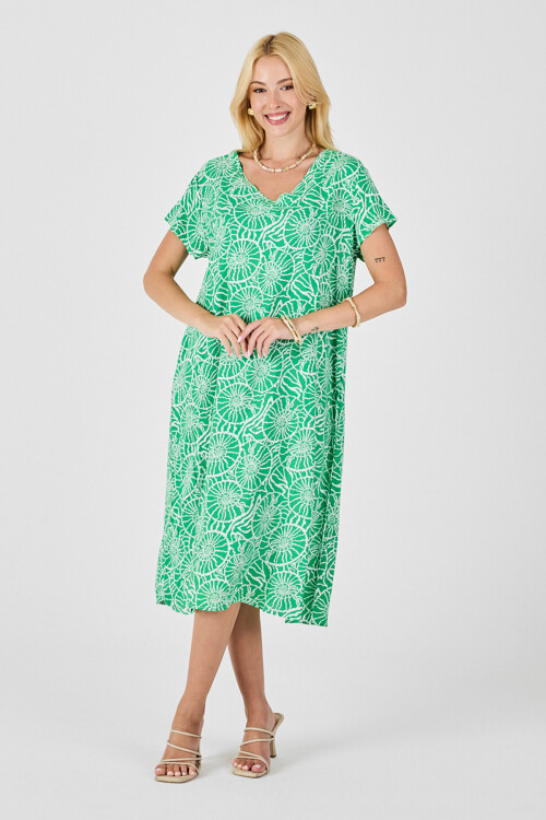 Yeşil Derin V Yaka Kısa Kollu Çizgi Desenli Midi Boy Elbise BCVL-254004