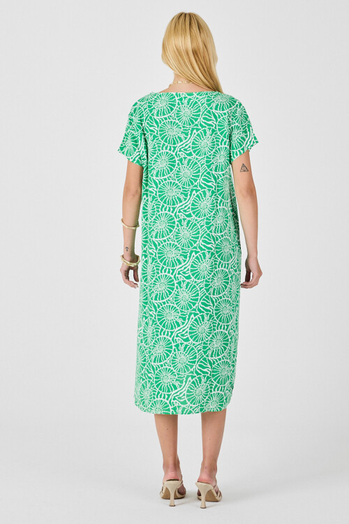 Yeşil Derin V Yaka Kısa Kollu Çizgi Desenli Midi Boy Elbise BCVL-254004