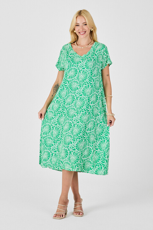 Yeşil Derin V Yaka Kısa Kollu Çizgi Desenli Midi Boy Elbise BCVL-254004