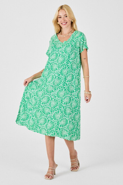 Yeşil Derin V Yaka Kısa Kollu Çizgi Desenli Midi Boy Elbise BCVL-254004