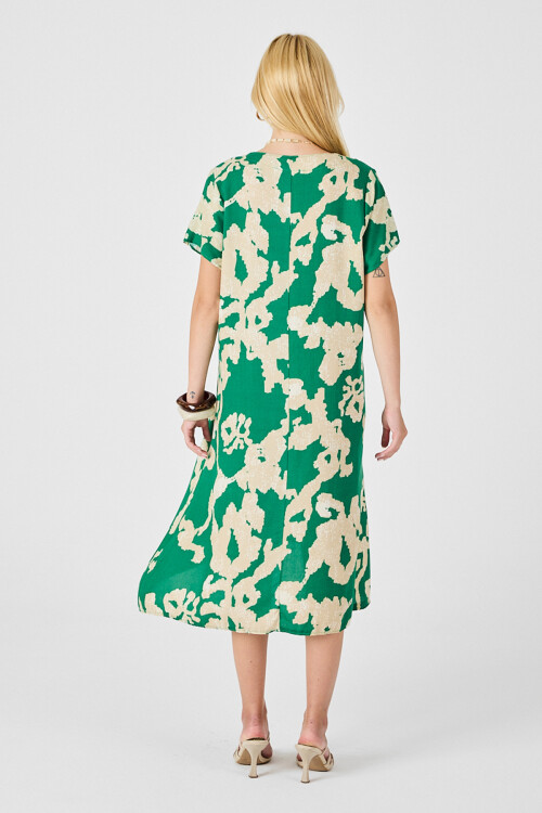 Yeşil Derin V Yaka Yırtmaçlı Desenli Midi Boy Elbise BCVL-254012