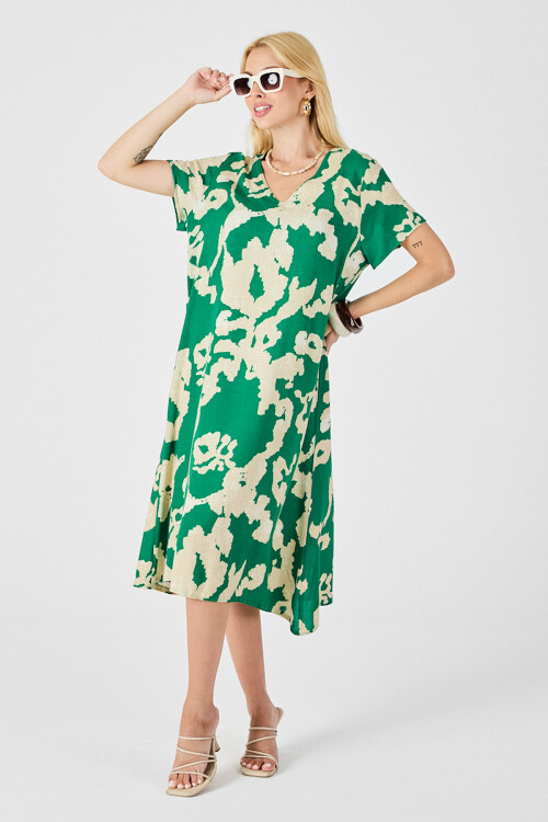Yeşil Derin V Yaka Yırtmaçlı Desenli Midi Boy Elbise BCVL-254012