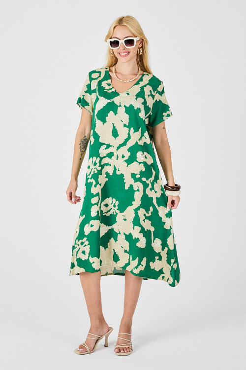 Yeşil Derin V Yaka Yırtmaçlı Desenli Midi Boy Elbise BCVL-254012