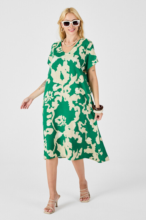 Yeşil Derin V Yaka Yırtmaçlı Desenli Midi Boy Elbise BCVL-254012