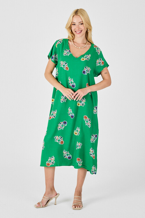 Yeşil Desenli Derin V Yaka Midi Boy Elbise BCVL-254008