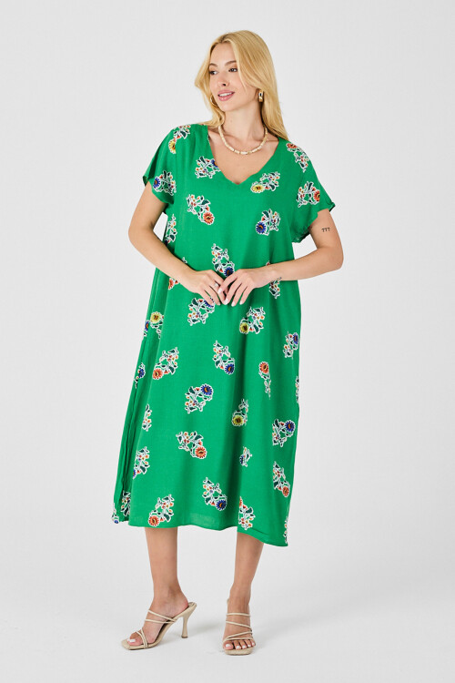 Yeşil Desenli Derin V Yaka Midi Boy Elbise BCVL-254008