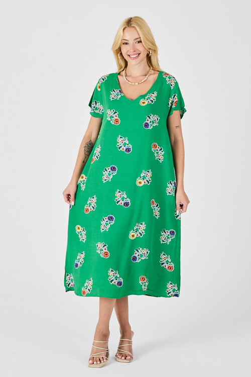 Yeşil Desenli Derin V Yaka Midi Boy Elbise BCVL-254008