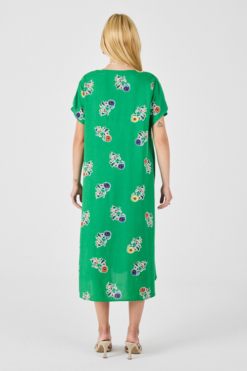 Yeşil Desenli Derin V Yaka Midi Boy Elbise BCVL-254008