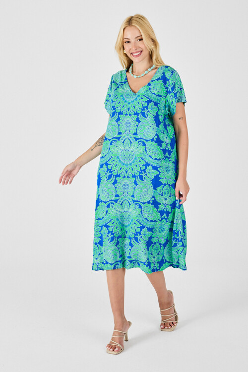 Yeşil Desenli V Yaka Kısa Kollu Midi Boy Elbise BCVL-254015