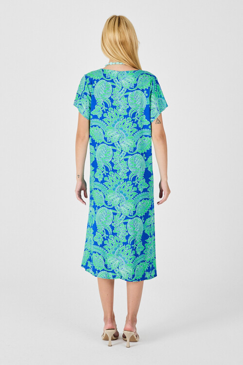 Yeşil Desenli V Yaka Kısa Kollu Midi Boy Elbise BCVL-254015