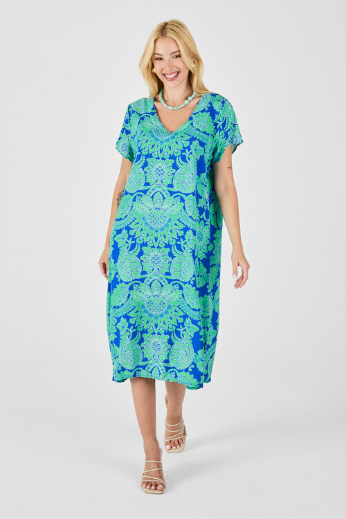 Yeşil Desenli V Yaka Kısa Kollu Midi Boy Elbise BCVL-254015