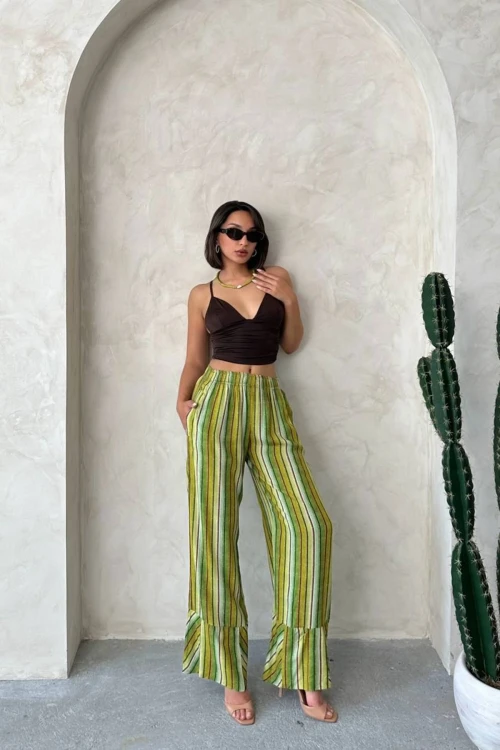 Yeşil Desenli Yazlık Viskon Pantolon BCHN-2525674