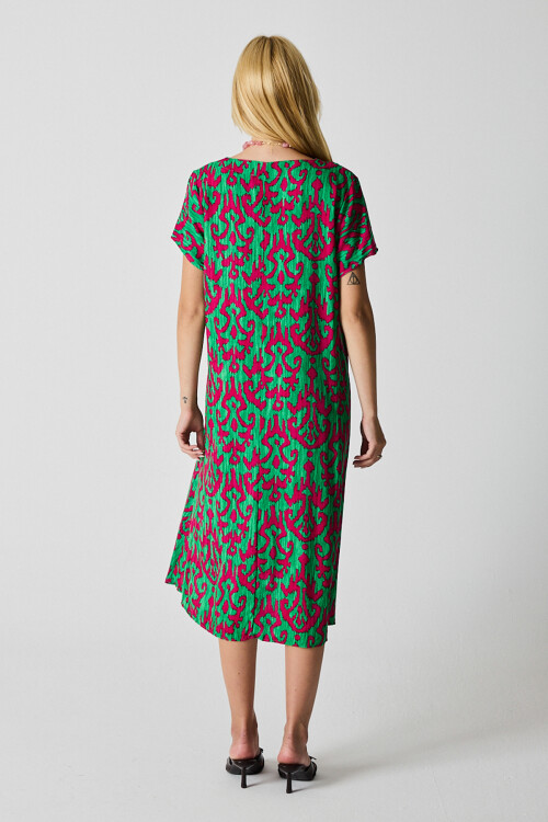 Yeşil-Fuşya Desenli V Yaka Midi Boy Elbise BCVL-254014