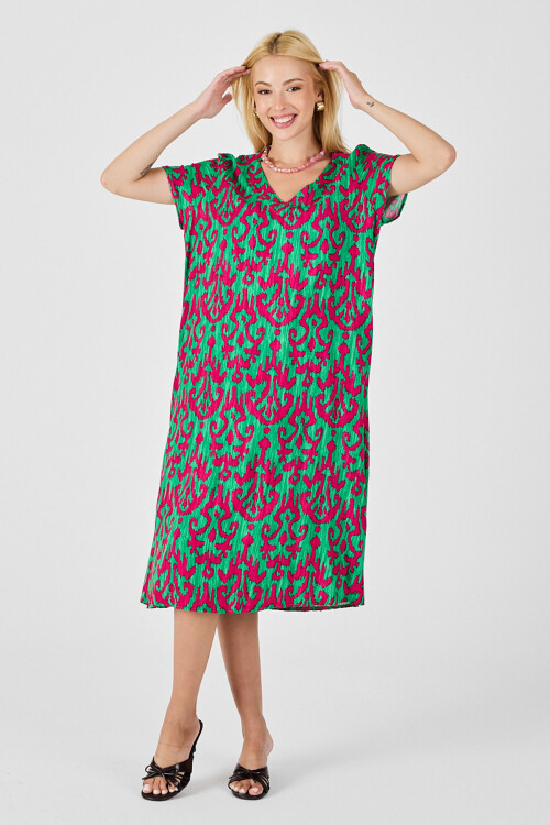 Yeşil-Fuşya Desenli V Yaka Midi Boy Elbise BCVL-254014