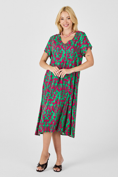 Yeşil-Fuşya Desenli V Yaka Midi Boy Elbise BCVL-254014