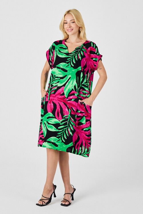 Yeşil-Fuşya Tropik Desenli V Yaka Rahat Kesim Elbise BCVL-254020