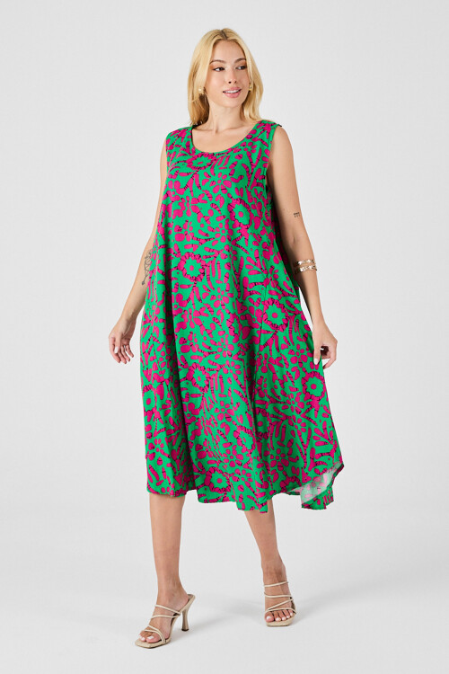 Yeşil-Fuşya U Yaka Kolsuz Eteği Asimetrik Kesim Desenli Midi Boy Elbise BCVL-254016
