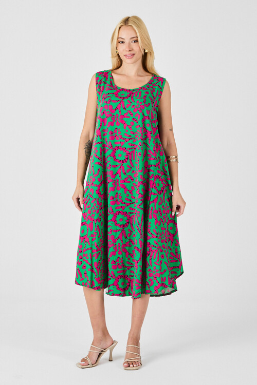 Yeşil-Fuşya U Yaka Kolsuz Eteği Asimetrik Kesim Desenli Midi Boy Elbise BCVL-254016