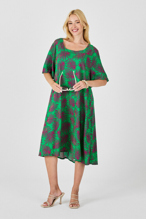 Yeşil Geniş Yaka Desenli Midi Boy Elbise BCVL-254009