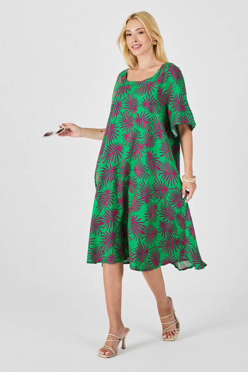 Yeşil Geniş Yaka Desenli Midi Boy Elbise BCVL-254009