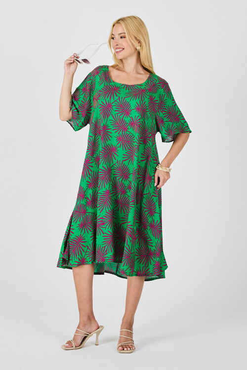 Yeşil Geniş Yaka Desenli Midi Boy Elbise BCVL-254009