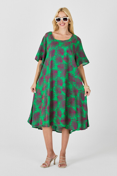 Yeşil Geniş Yaka Desenli Midi Boy Elbise BCVL-254009