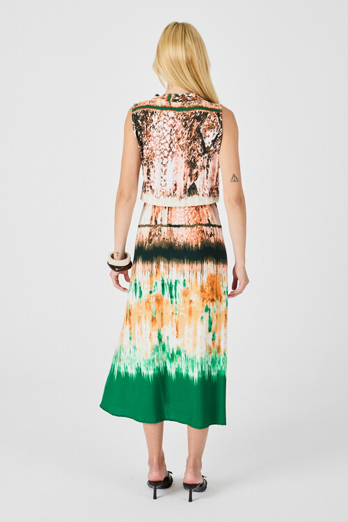 Yeşil-Krem Çentik Yaka Düğmeli Desenli Kolsuz Midi Elbise BCVL-254025