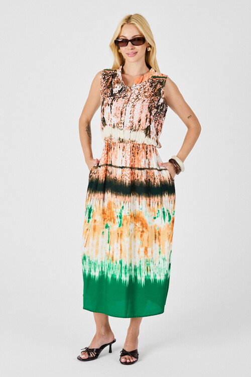 Yeşil-Krem Çentik Yaka Düğmeli Desenli Kolsuz Midi Elbise BCVL-254025