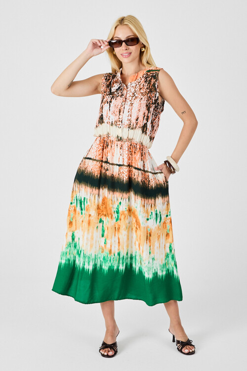 Yeşil-Krem Çentik Yaka Düğmeli Desenli Kolsuz Midi Elbise BCVL-254025