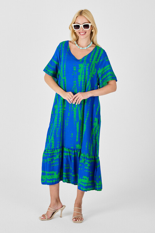 Yeşil Mavi Batik Desenli V Yaka Eteği Volanlı Oversize Elbise BCVL-254023