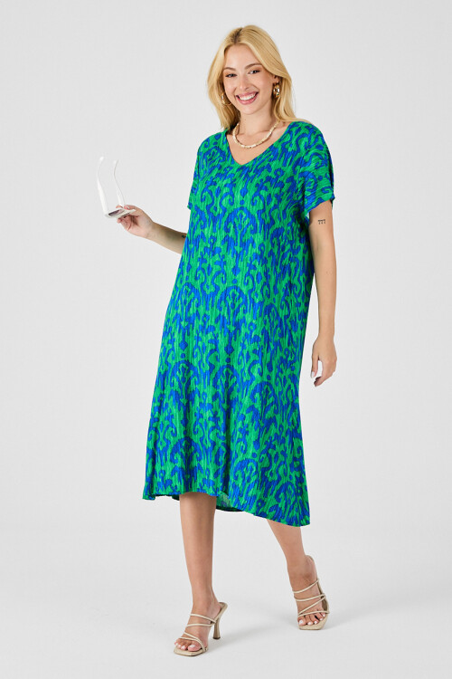 Yeşil Mavi Desenli V Yaka Midi Boy Elbise BCVL-254014