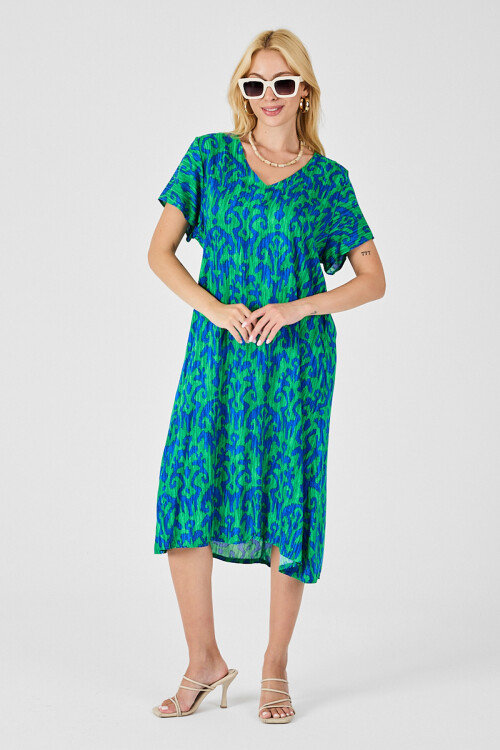 Yeşil Mavi Desenli V Yaka Midi Boy Elbise BCVL-254014