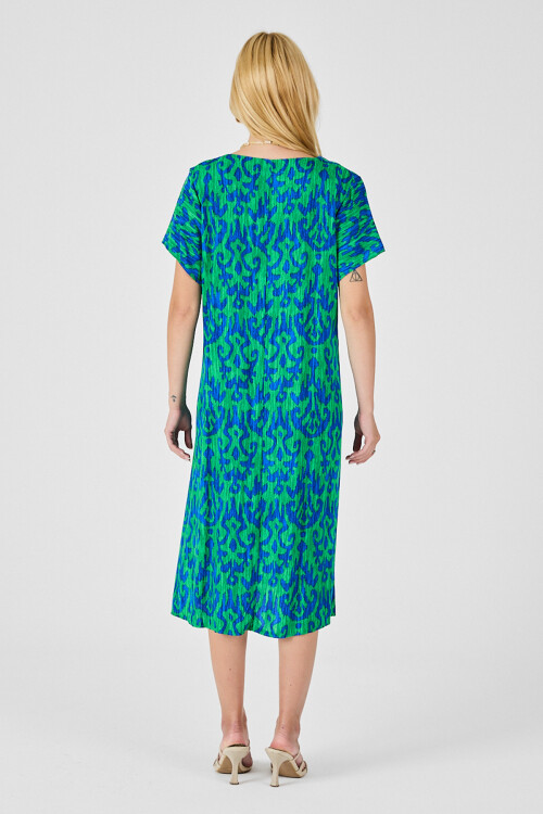 Yeşil Mavi Desenli V Yaka Midi Boy Elbise BCVL-254014