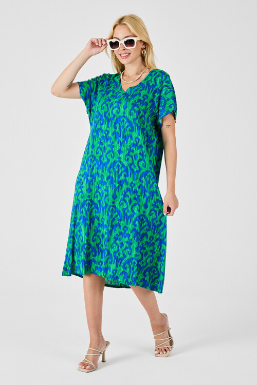 Yeşil Mavi Desenli V Yaka Midi Boy Elbise BCVL-254014