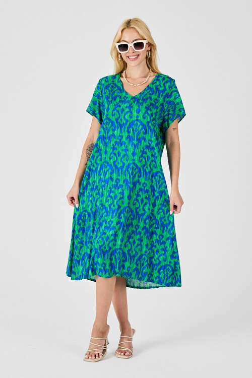 Yeşil Mavi Desenli V Yaka Midi Boy Elbise BCVL-254014