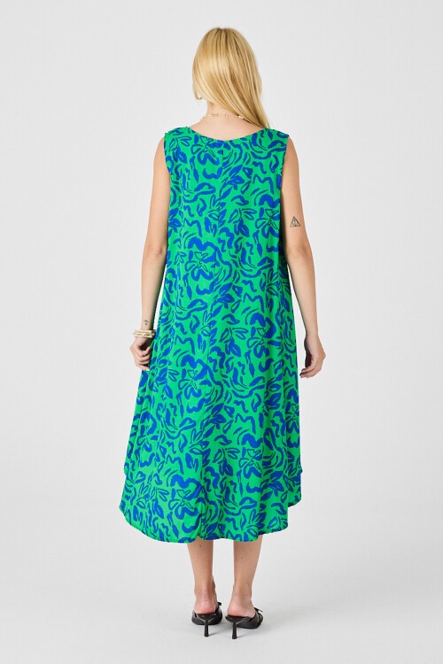 Yeşil Mavi U Yaka Kolsuz Eteği Asimetrik Kesim Desenli Midi Boy Elbise BCVL-254016