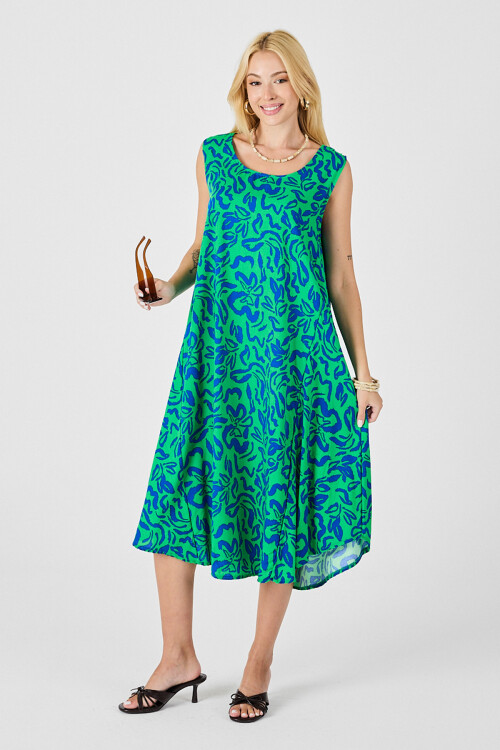 Yeşil Mavi U Yaka Kolsuz Eteği Asimetrik Kesim Desenli Midi Boy Elbise BCVL-254016