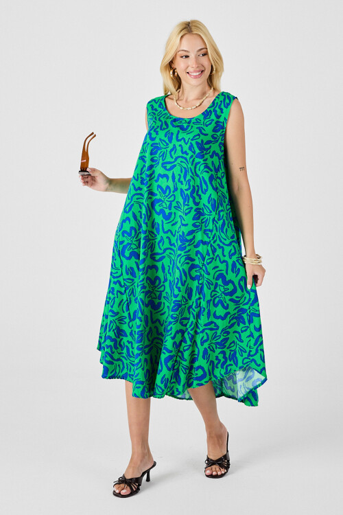 Yeşil Mavi U Yaka Kolsuz Eteği Asimetrik Kesim Desenli Midi Boy Elbise BCVL-254016