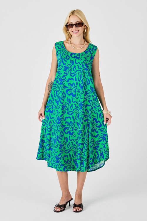 Yeşil Mavi U Yaka Kolsuz Eteği Asimetrik Kesim Desenli Midi Boy Elbise BCVL-254016