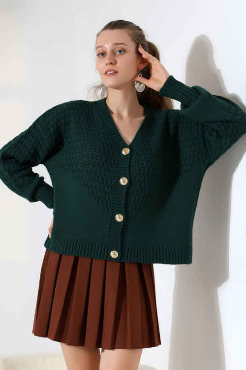 Yeşil Motif Desenli Düğmeli Triko Hırka BCES-252027