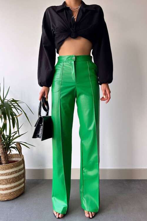 Yeşil Önü Dikiş Detaylı Suni Deri Palazzo Pantolon BCHN-2526654