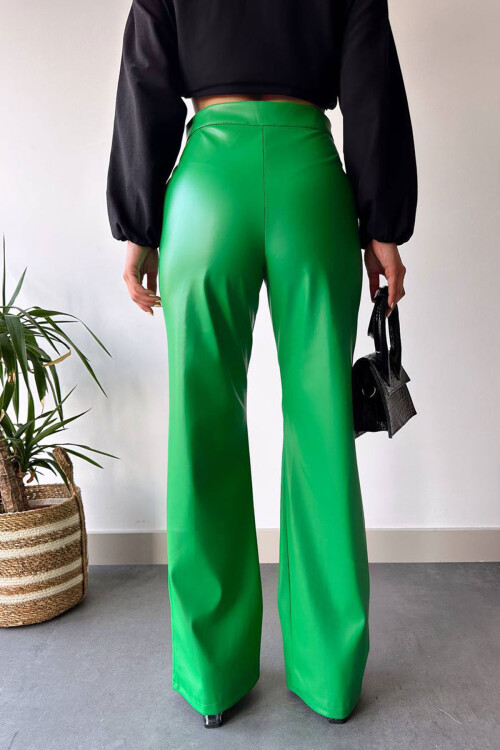 Yeşil Önü Dikiş Detaylı Suni Deri Palazzo Pantolon BCHN-2526654