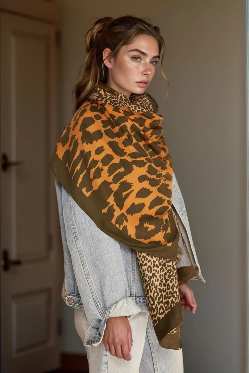 Yeşil Patchwork Leopar Desenli Şal BCNSV-2513955