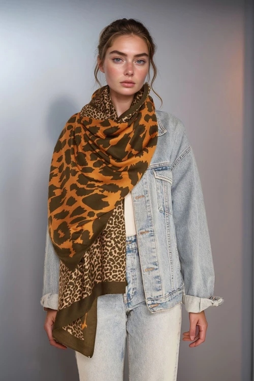 Yeşil Patchwork Leopar Desenli Şal BCNSV-2513955