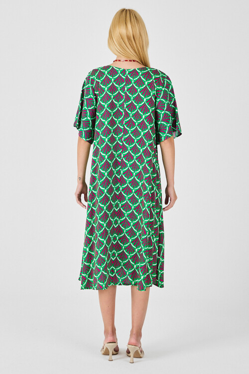 Yeşil U Yaka Kısa Kollu Midi Boy Desenli Elbise BCVL-254010