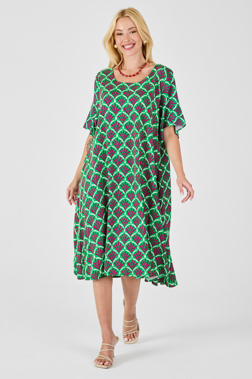 Yeşil U Yaka Kısa Kollu Midi Boy Desenli Elbise BCVL-254010